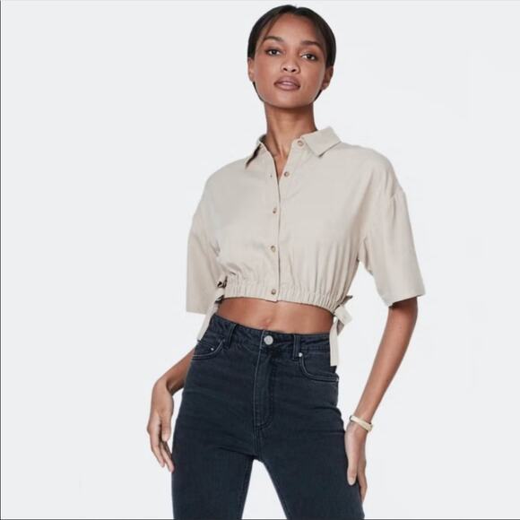Billie the Label Imogene Crop Top Linen Blend Khaki Medium Collar Button Tencel - Picture 3 of 9